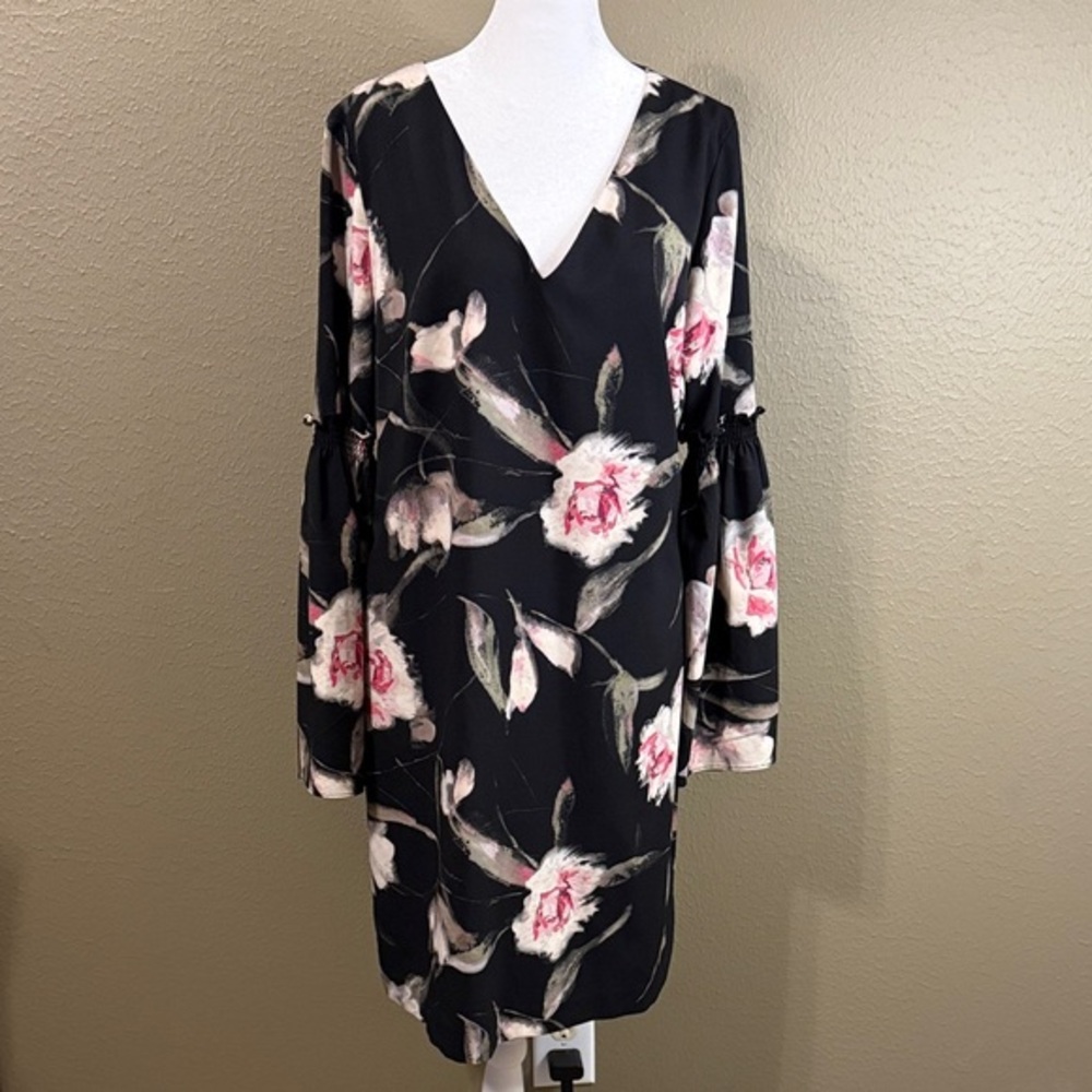 White House Black Market Black Floral Long Sleeve Dress
